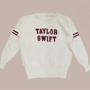 Taylor Swift Varsity Letterman Sweater Cream Knit Burgundy Letters